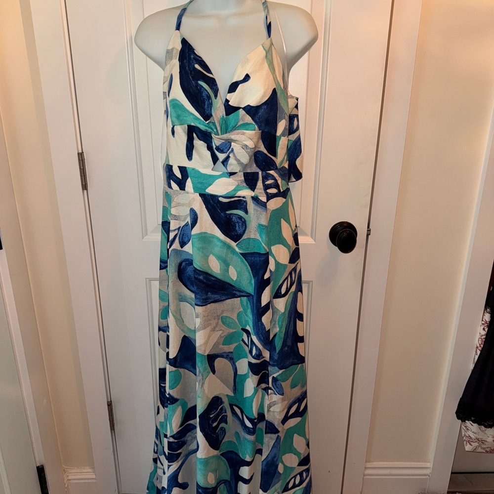 1.State Blue and Teal Halter Linen Blend  Tie Back Maxi Dress, XL